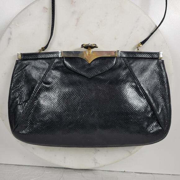 Vintage Judith Lieber Hinged Snakeskin Clutch Black Strap Art Deco Evening Bag - Picture 6 of 16